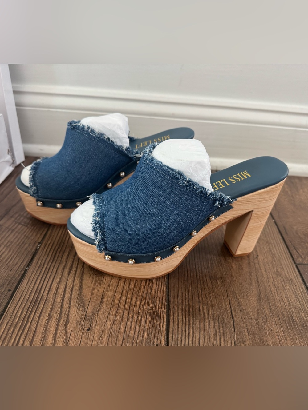 Miss Left Denim Fringe Platform Clogs in Blue